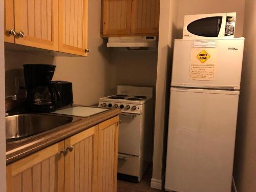 a kitchen with a white refrigerator and a microwave at Bed and Breakfast Du Repos in Saint Quentin