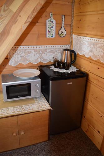 a small kitchen with a microwave and a stove at Przystań Gromadzyń in Ustrzyki Dolne