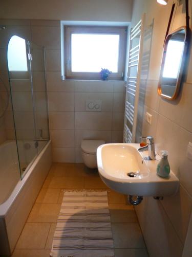 uma casa de banho com um lavatório, um WC e uma janela. em Ferienwohnung Bodensee Bullerbü em Eigeltingen