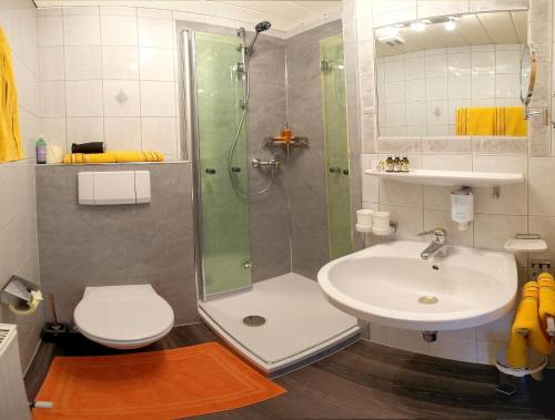 a bathroom with a shower and a sink and a toilet at Appartements Kuprian in Längenfeld