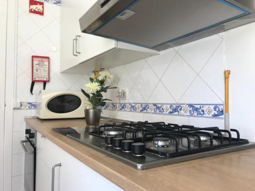 a stove top in a kitchen with a microwave at Villa c/ piscina próxima da praia in Cabanas de Tavira