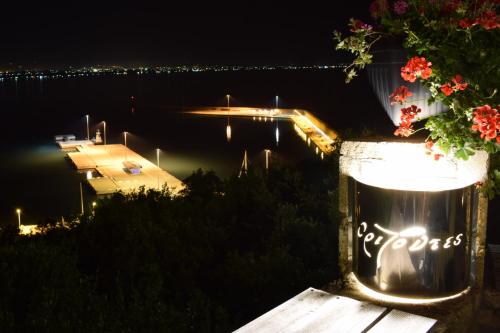 uma vista para uma doca na água à noite em Orizontes View Hotel em Katakolon