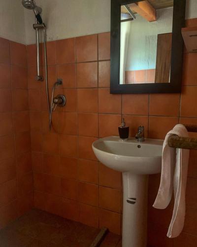 a bathroom with a sink and a mirror at S'Imbragu Farm B&B in Tortolì