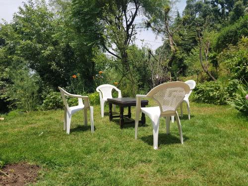 three chairs and a table in the grass at Aditya Homestay Dalhousie in Dalhousie