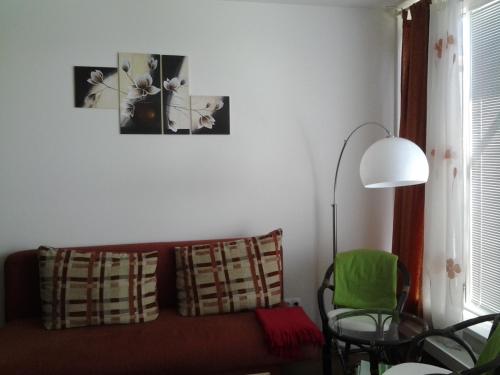 a living room with a brown couch and a lamp at Apartmán Residence Nábřeží in Beroun