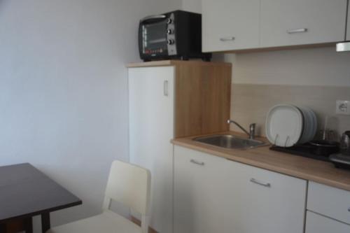 una piccola cucina con lavandino e forno a microonde di Easy House a Cormòns