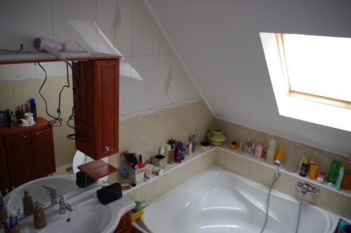 a bathroom with a tub and a sink at Horváth Kert Vendégház in Zirc