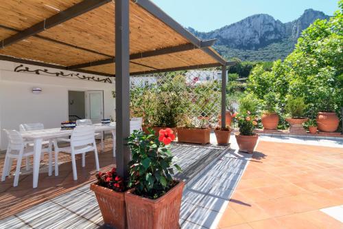 eine Terrasse mit einem Tisch, Stühlen und Pflanzen in der Unterkunft AQUAMARINE Relaxing Capri Suites in Capri