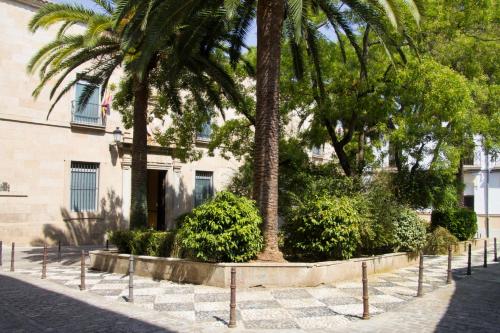 a street with palm trees in front of a building at Apartamento Barbancho in Cáceres