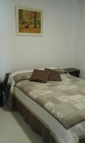 ein Bett in einem Schlafzimmer mit einem Bild an der Wand in der Unterkunft Tu Casa en Villa General Belgrano Calamuchita Córdoba in Villa General Belgrano