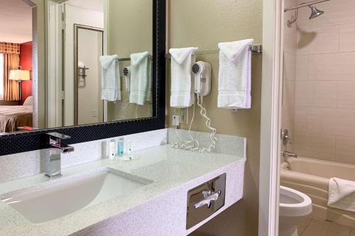 a bathroom with a sink and a mirror and a toilet at Quality Inn Marshall in Marshall