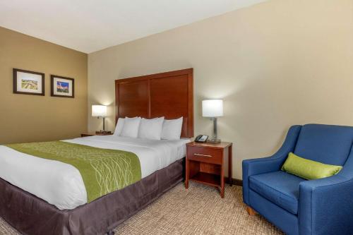 a hotel room with a bed and a blue chair at Comfort Inn Lenoir City-Knoxville in Lenoir City