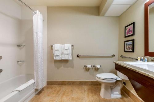 a bathroom with a toilet and a tub and a sink at Comfort Suites Gastonia - Charlotte in Gastonia