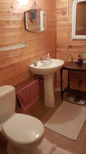 a bathroom with a white sink and a toilet at Holiday Country Villa with Panoramic Views in Bouteilles-Saint-Sébastien