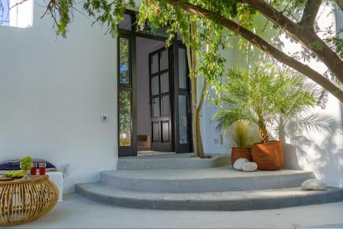 a front door of a house with stairs and plants at Euphoria Chora Naxos in Naxos Chora