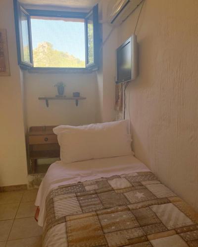 a small room with a bed and a television at S'Imbragu Farm B&B in Tortolì