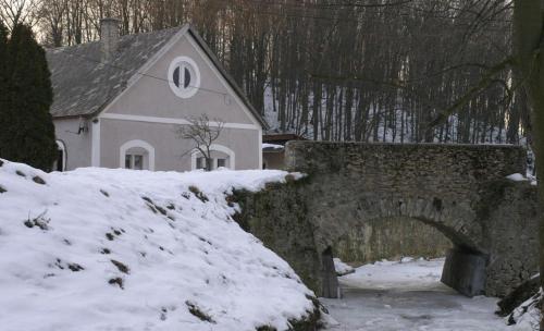 a house with a stone bridge in the snow at Sörényes Udvarház in Pénzesgyőr