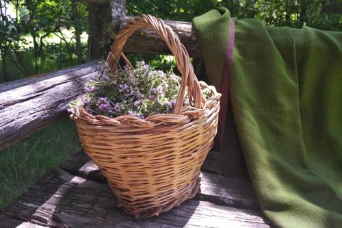 a basket of flowers sitting on a wooden bench at Torre Camigliati Dimora Storica in Camigliatello Silano