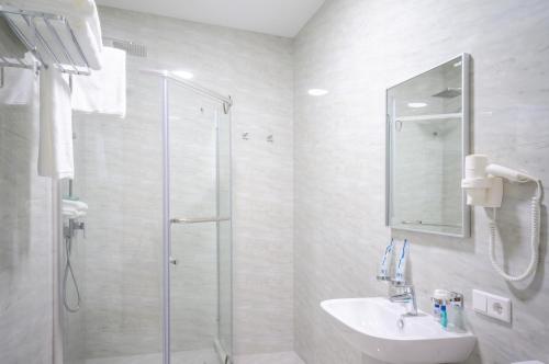 a bathroom with a shower and a sink and a mirror at Royal Plus Hotel in Almaty