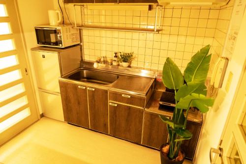a small kitchen with a sink and a microwave at Premavera Kamata 303 in Tokyo