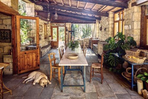 a dog laying on the floor in a room with a table at Nikolaou Art Residence in Aegina Town