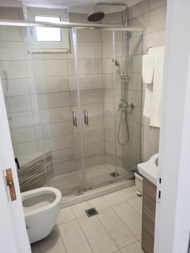 ein Bad mit einer Dusche, einem WC und einem Waschbecken in der Unterkunft Damatria studio in Karpathos
