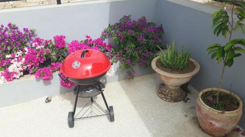 a bbq grill in front of some flowers at Appartement familial spacieux avec climatisation in Ziguinchor