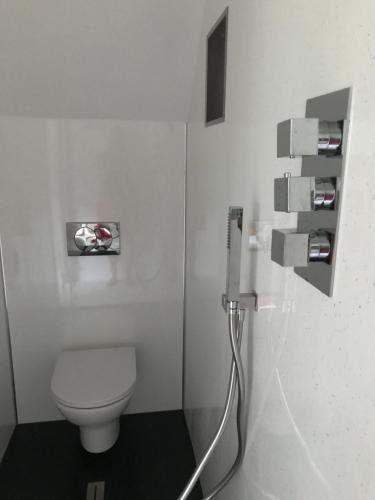 a bathroom with a toilet and a phone on the wall at Darceys in the Yard in Hornsea
