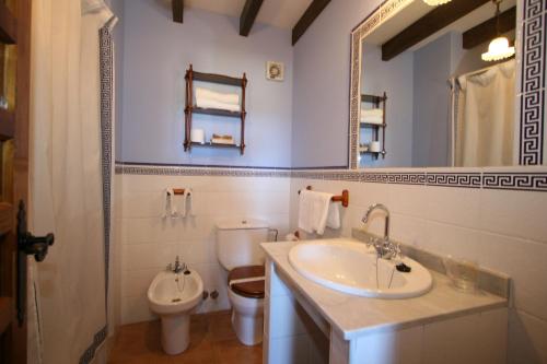 uma casa de banho com um lavatório, um WC e um espelho. em Posada La Colodra em Los Tojos