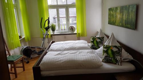 a bedroom with a bed with neon green curtains at White House (1f) Boppard City in Boppard