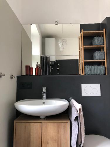 a bathroom with a white sink and a black wall at Luna Estela in Bayreuth