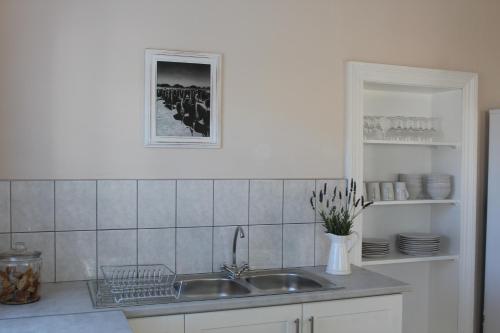 a kitchen with a sink and a shelf with dishes at Kandelaars Cottage in Oudtshoorn