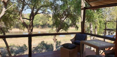 a screened in porch with a view of a river at Nyati Safari Lodge in Hoedspruit
