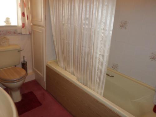 a bathroom with a toilet and a tub with a shower curtain at Hullerbank in Brampton