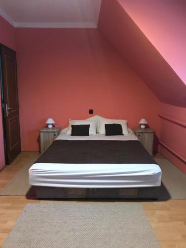 エゲルにあるBübáj Vendégházのピンクの壁のベッドルーム1室(大型ベッド1台付)