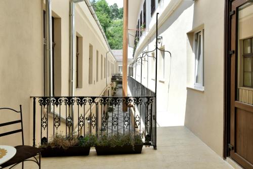 a balcony with a black railing and some plants at Safrano Palace in Braşov