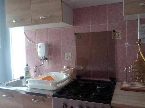 een keuken met een wastafel en een fornuis bij Fészek Apartman in Békéscsaba