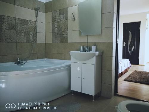 a bathroom with a tub and a sink at Casa Iris Murighiol in Murighiol