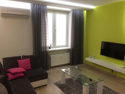 un salon avec un canapé et une télévision dans l'établissement Nordic Apartamenty Sienkiewicza, à Białystok