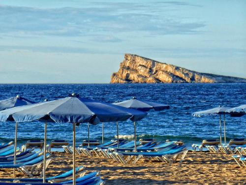 a group of chairs and umbrellas on a beach at Hostal Anna Benidorm in Benidorm