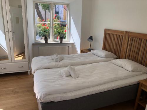 two twin beds in a room with a window at Apartments Strandgatan Visby in Visby