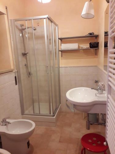 a bathroom with a shower and a sink and a toilet at La casa di Gioia in Castiglione in Teverina