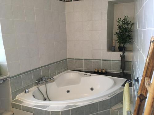 a white tub in a bathroom with a mirror at Le Mas Fraissinet in Saint-Jean-de-Valériscle