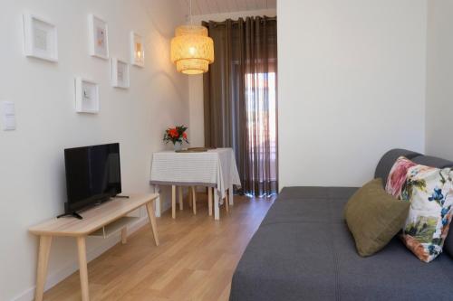 a living room with a couch and a tv and a table at Oporto Wall Apartments in Porto