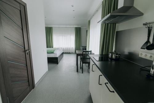 Dapur atau dapur kecil di Jaunāmuiža Apartamenti