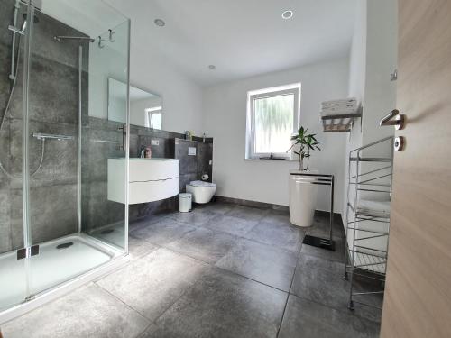 ein Bad mit einer Dusche, einem WC und einem Waschbecken in der Unterkunft Apartment FALVIG inkl. Küche in Bad Schonborn