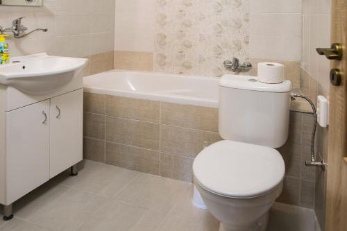 a bathroom with a toilet and a sink and a tub at Penzion-apartmán Souček in Jindrichuv Hradec