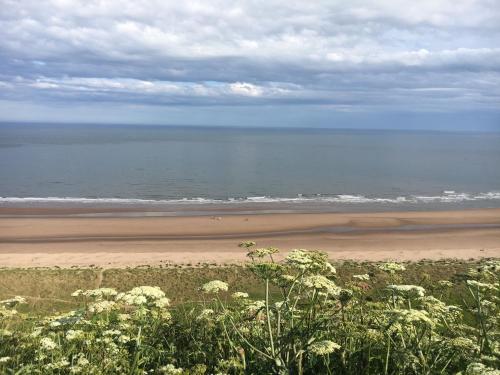 a sandy beach with the ocean in the background at Dunnottar Woods Cottage in Stonehaven