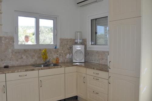 a kitchen with white cabinets and a sink and a window at Luxe Villa Livadia, 10 personen in Kandia