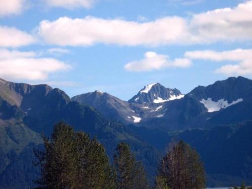a view of a mountain range with a snow covered mountain at Murphy's Alaskan Inn in Seward
